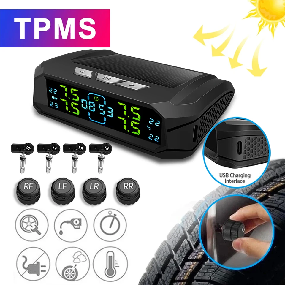 Sensor de carro tpms embutido externo 8bar sistema de monitoramento de pressão dos pneus carro relógio eletrônico universal display lcd