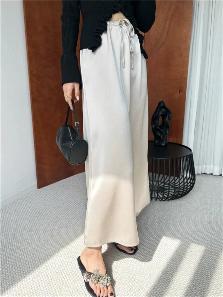 2026 Summer Women's High Waist Lace-up Skirts Solid Satin A Line Long Skirt Elegant Korean New Fashion Skirts for Women