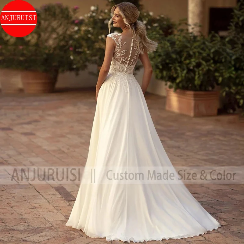 Elegant Boho Lace Wedding Dress 2024 Chiffon O-Neck Illusion Back Beach Side Split Applique Bridal Party Gown Vestidos De Novia