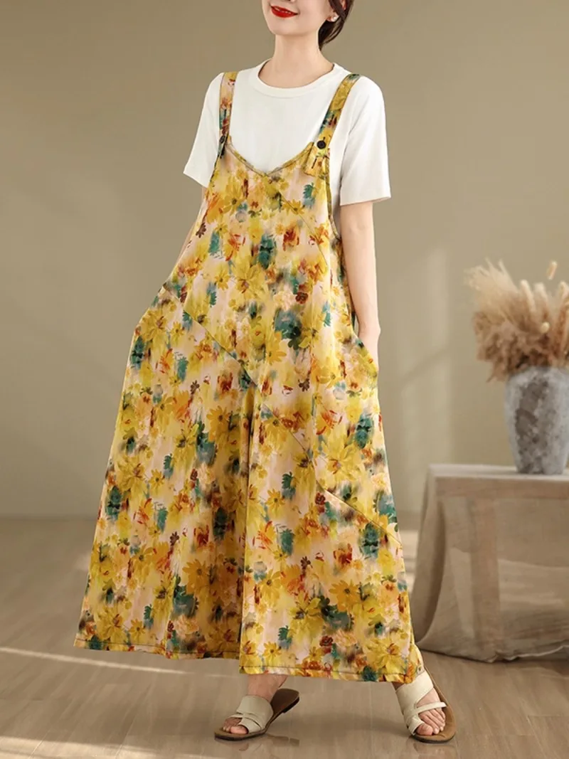 Vintage Print Loose Casual Women's Jumpsuits Summer Fashion Drap Floral Wide Leg Pants Female Hip Hop Comfortable Streetwear