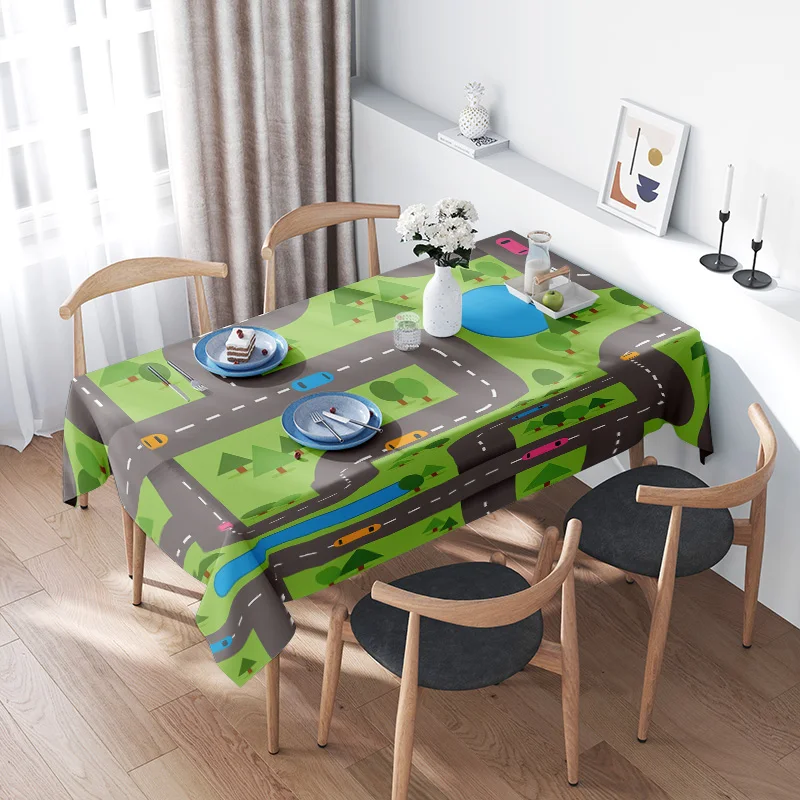 

Child's Road Map Tablecloth Cartoon Print Non-slip Waterproof Plastic Washable Kitchen Decorations Set Of 4