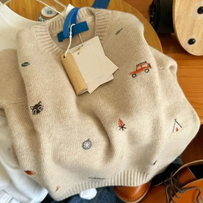 Korea Style Children's Sweater Cartoon Embroidery Knitted Sweater Autumn Winter Girls Versatile Pullover Tops Bottoming Shirt