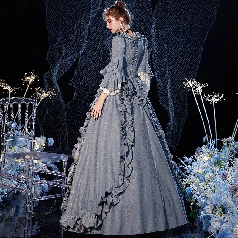 AnXin SH vintage princess grey blue satin sweetheart flower lace sparkly flare sleeve ball gown lace up customized Prom Dresses