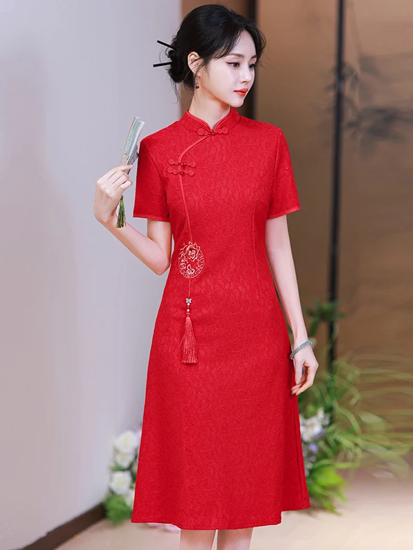 ชุดเดรสลูกไม้สีแดงหรือชุดกี่เพ้า Dr สำหรับผู้หญิง ชุดเจ้าสาวกลับบ้าน ชุดบริการ ไซส์พลัส กระโปรงยาวปานกลาง สไตล์วินเทจ ชุดเดรส Dr