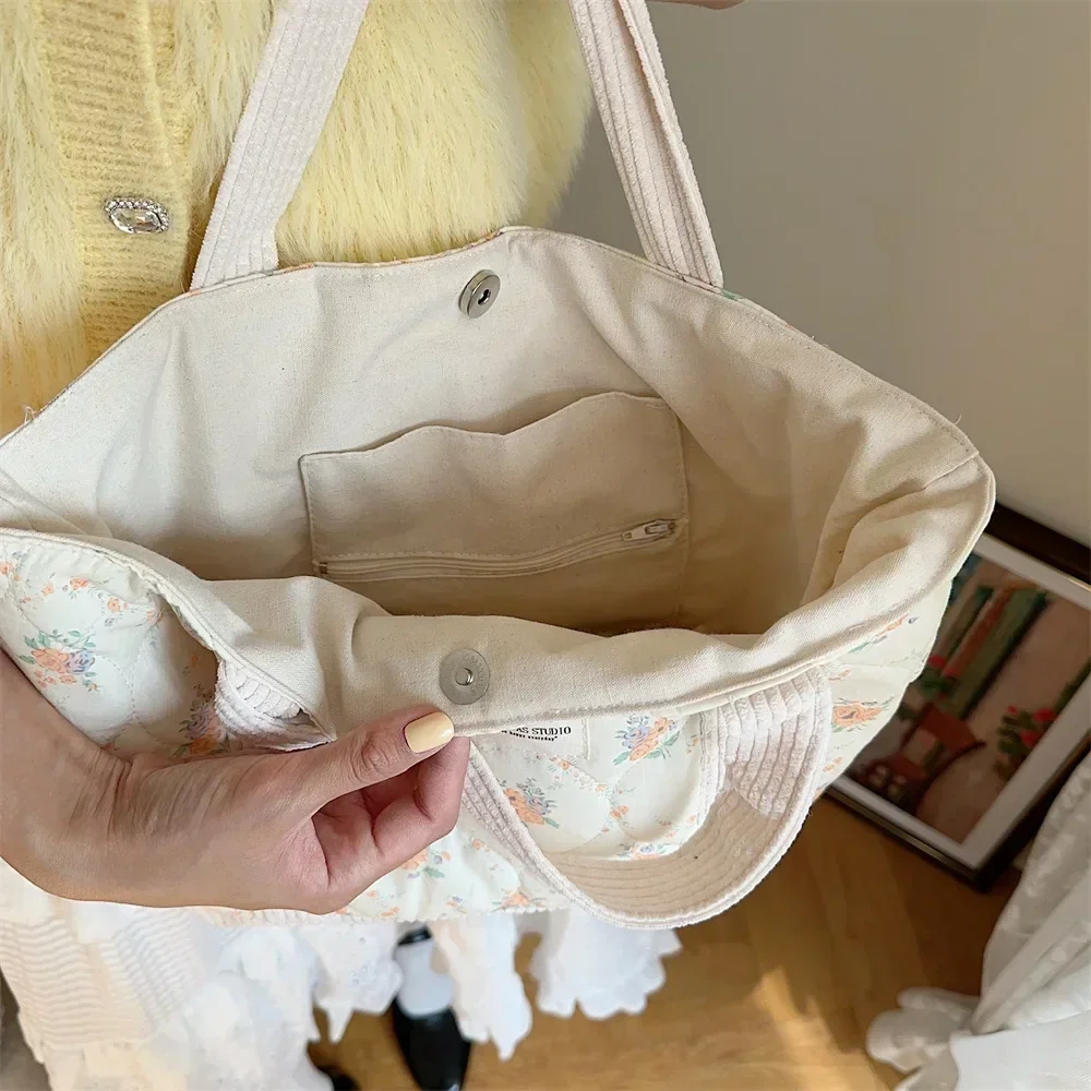 Sweet Large Capacity Soft Fabric Women Shoulder Bag Fashion Solid Color Floral Female Handbag Simple Winter Ladies Underarm Bags