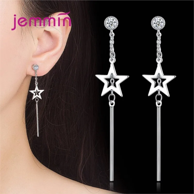 925 Sterling Silver Dangle Earrings Trendy Star Design Sparkling Cubic Zirconia Best Gift For Women Girls Party Appointment