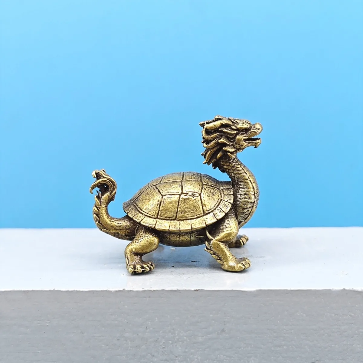 Vintage Brass Dragon Turtle Miniature Figurine Chinese Mythical Beast Oriental Desktop Decor Tea Table Collectible Ornament