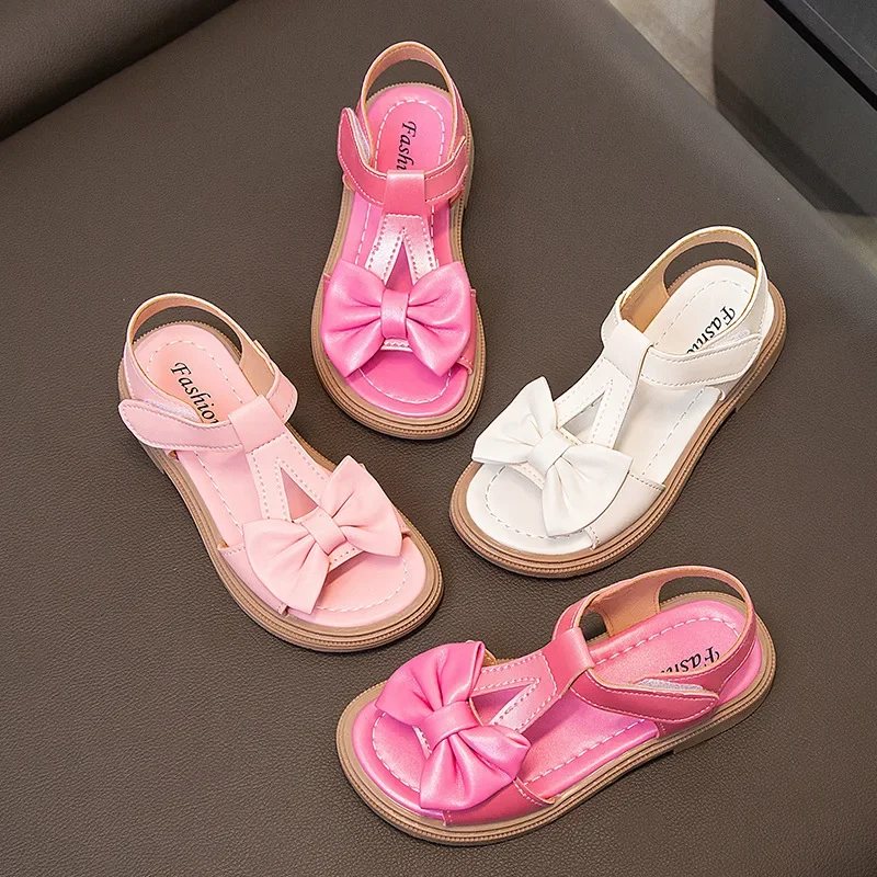 Girls Summer Pink Sandals for School Fashion Princess with Bow-knot T-strap Open Toes Soft Children Beach Shoes All Match Style