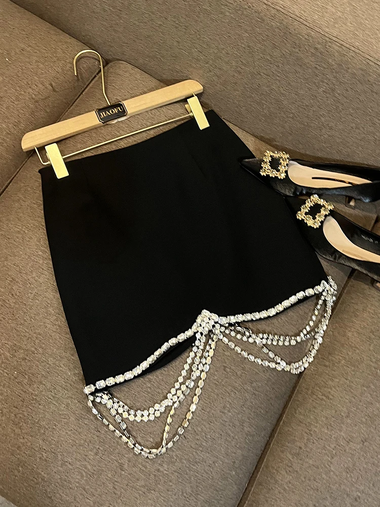 Designed Rhinestone Chain Tassels Hem Women Fashion Notched Long Sleeve Solid Blazer Skirt 2Pcs Set