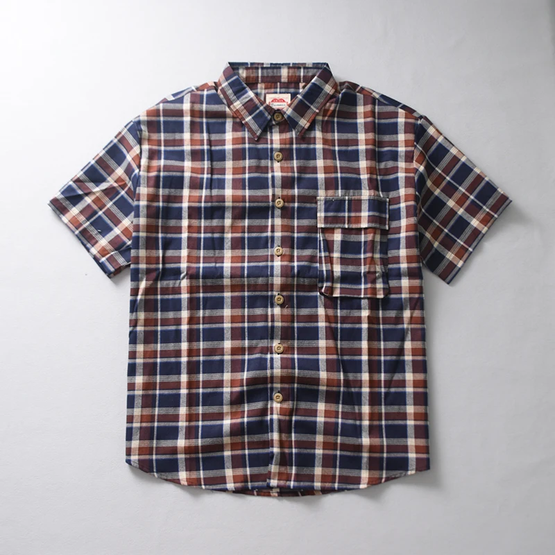 

Vintage Plaid Check shirt for men 2024 Summer England casual blouses for Youth male loose fashion Short Sleeve tops Retro wear