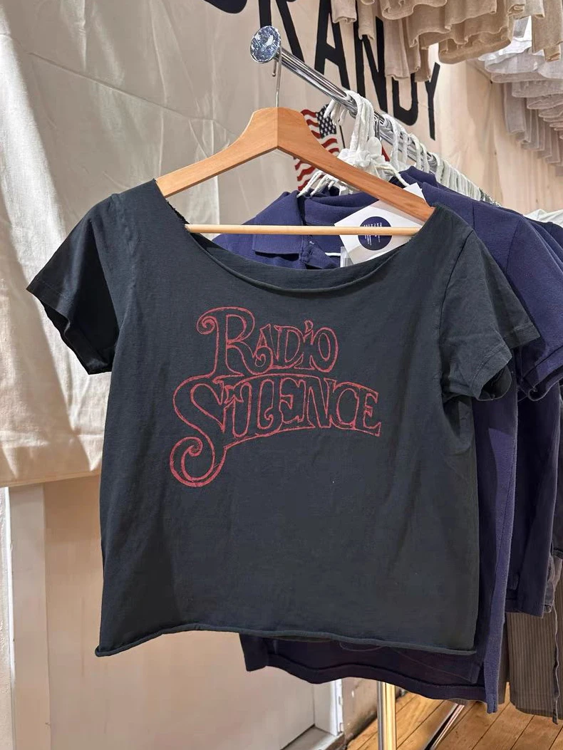 

Letter Print Cotton Crop Top Woman Summer Raw Hem Slash Neck Tee Shirt Casual Vintage Streetwear Short Sleeve T-shirts Y2k Tops