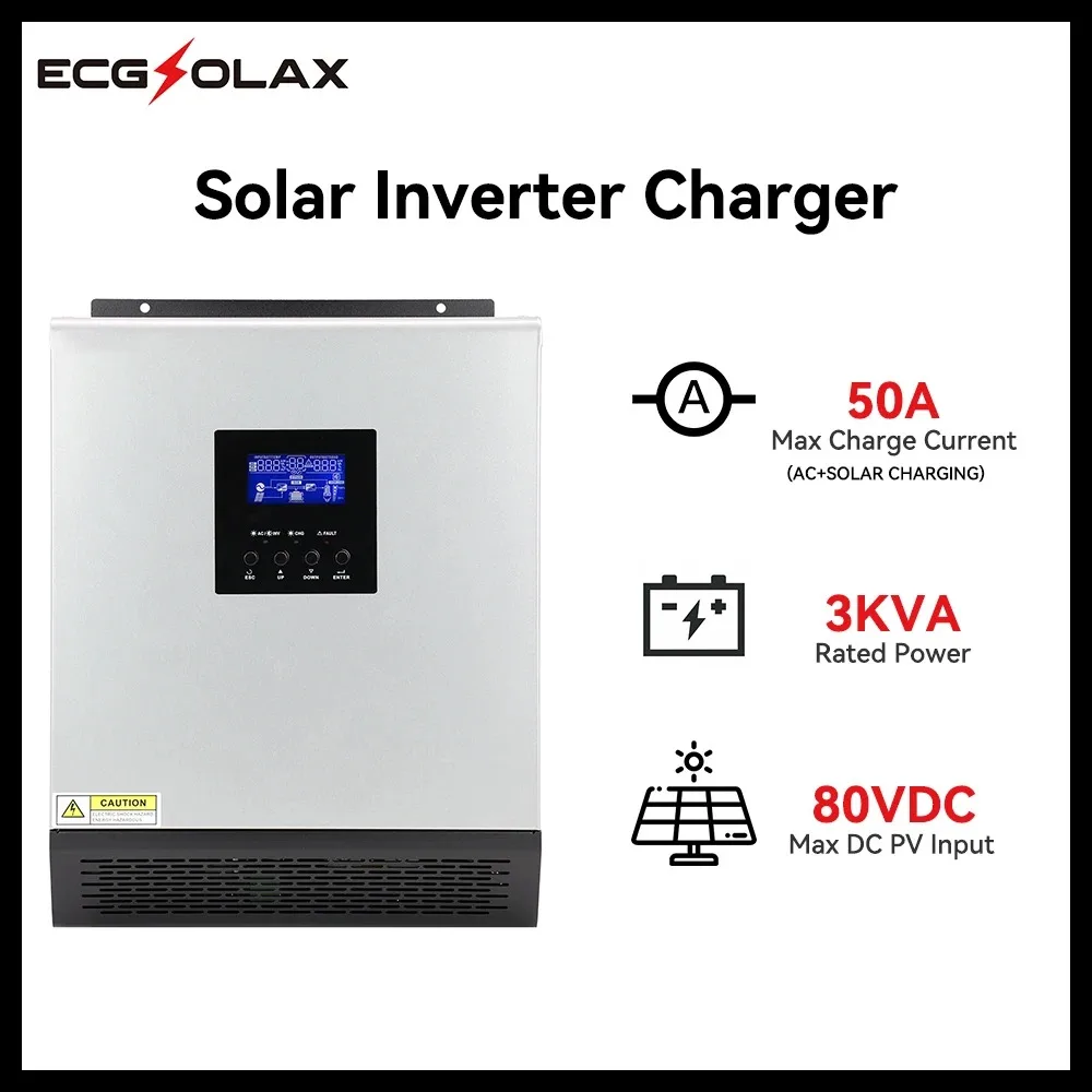 ECGSOLAX 3KVA Hybrid Solar Inverter 24V 110V Built-in 50A PWM Solar Charge Controller 2400W Pure Sine Wave Solar Hybrid Inverter