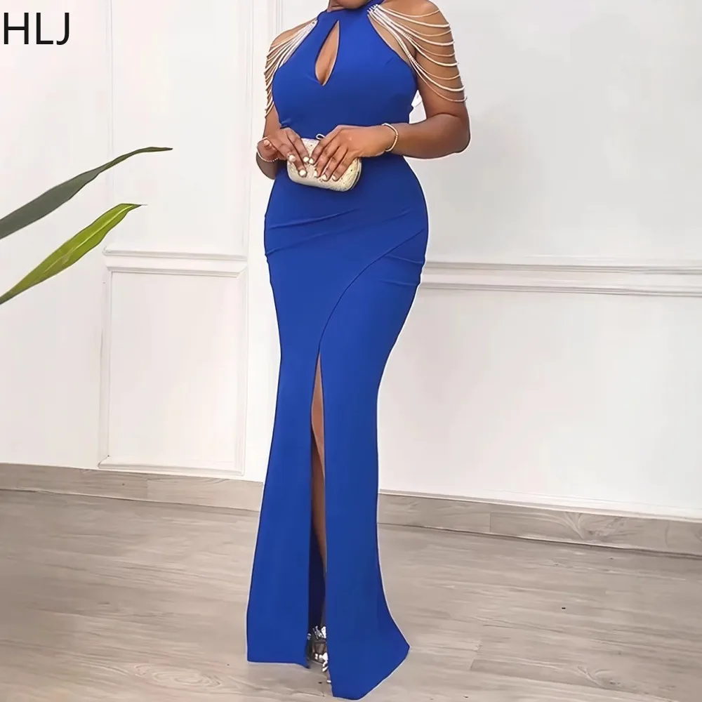 

HLJ Blue Fashion Pearls Halter High Slit Bodycon Evening Party Long Dresses Women Solid Sleeveless Slim Vestidos Sexy Clothing