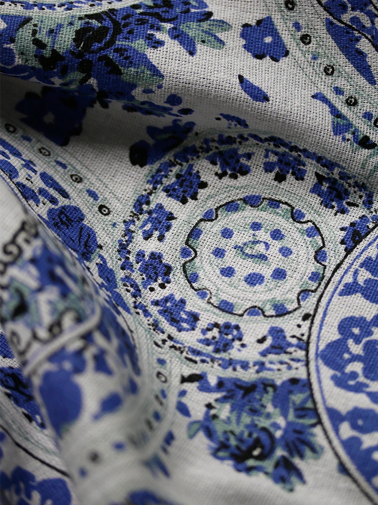 Fabric Wide 150cmx50cm Cotton and Linen Vintage National Fashion Blue Ceramic Printing DIY Cheongsam Hanfu Dress Summer Clothing