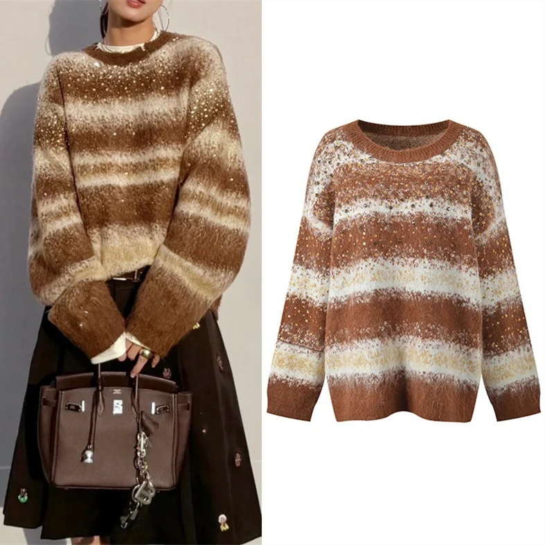 

Свободный вязаный свитер цвета шампанского, золотого и бриллиантового цвета, женский высококачественный дизайн, модный зимний топ