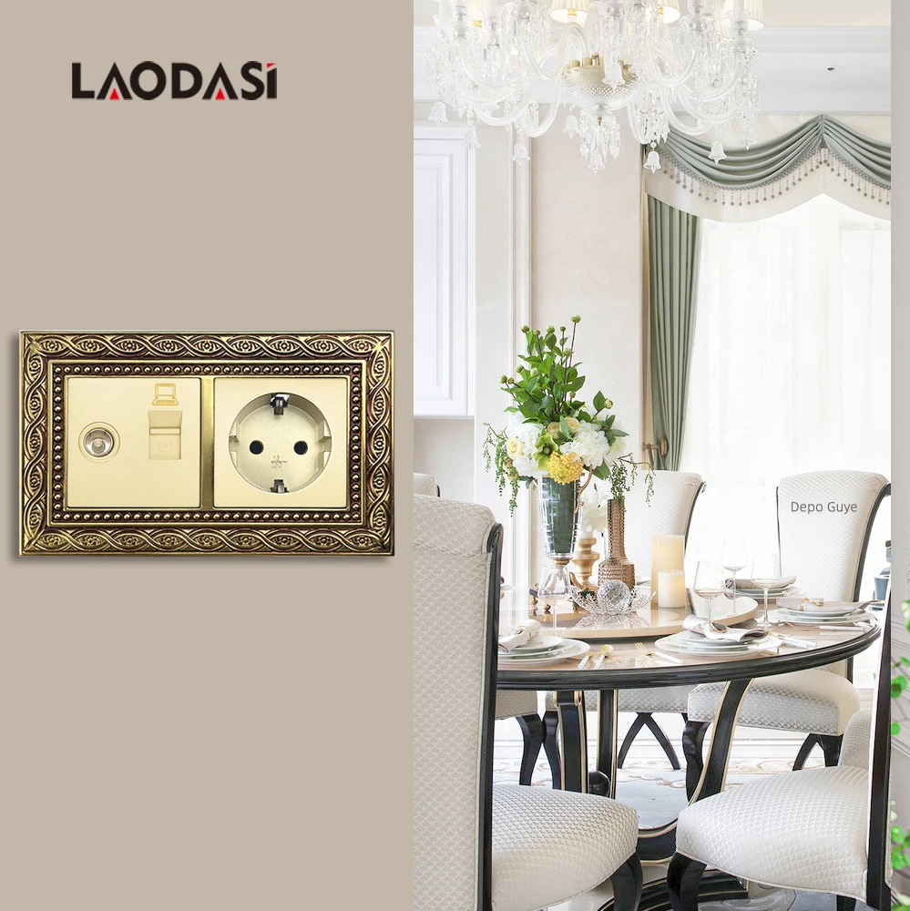 Laodasi Retro Sockets TV Computer Power Socket EU FR TV Internet RJ45 Electric Wall Outlet Brass/Zinc Alloy Panel 146mm*86mm
