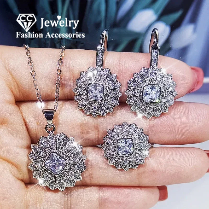 

CC Flower Jewelry Set Sterling Silver Color Earring Necklace Rings for Women Wedding Engagement Party Accessories CCE743