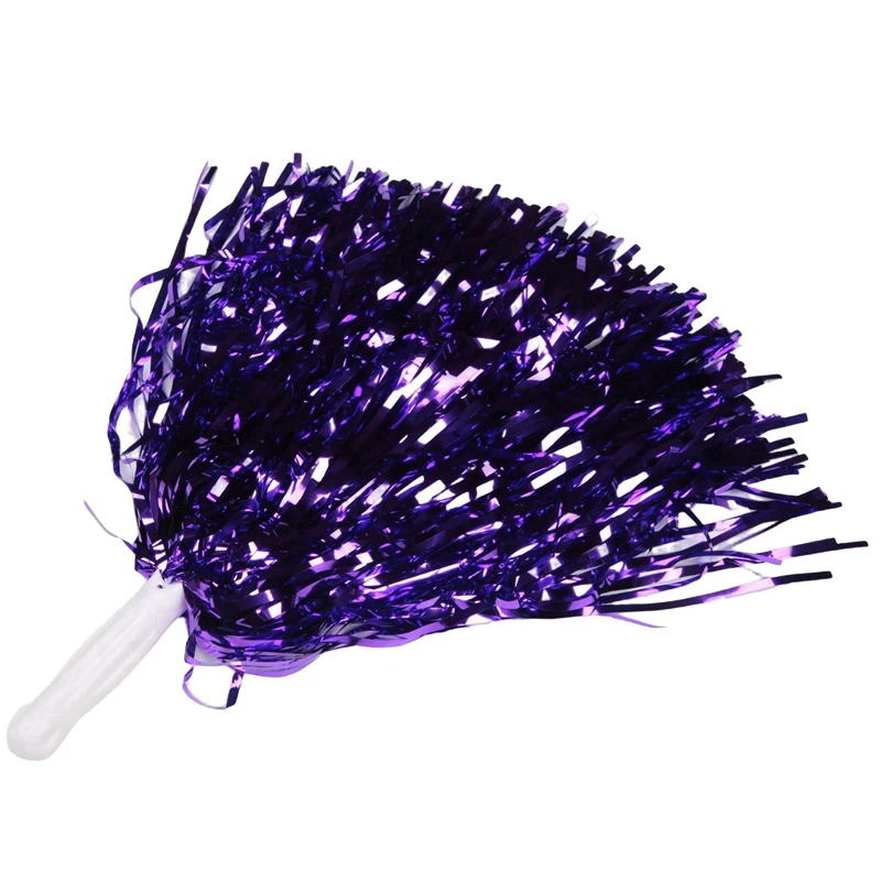 Cheerleading Pom Poms com alça de plástico, folha metálica Cheer Pom Poms para adultos e crianças, festa roxa, 48pcs