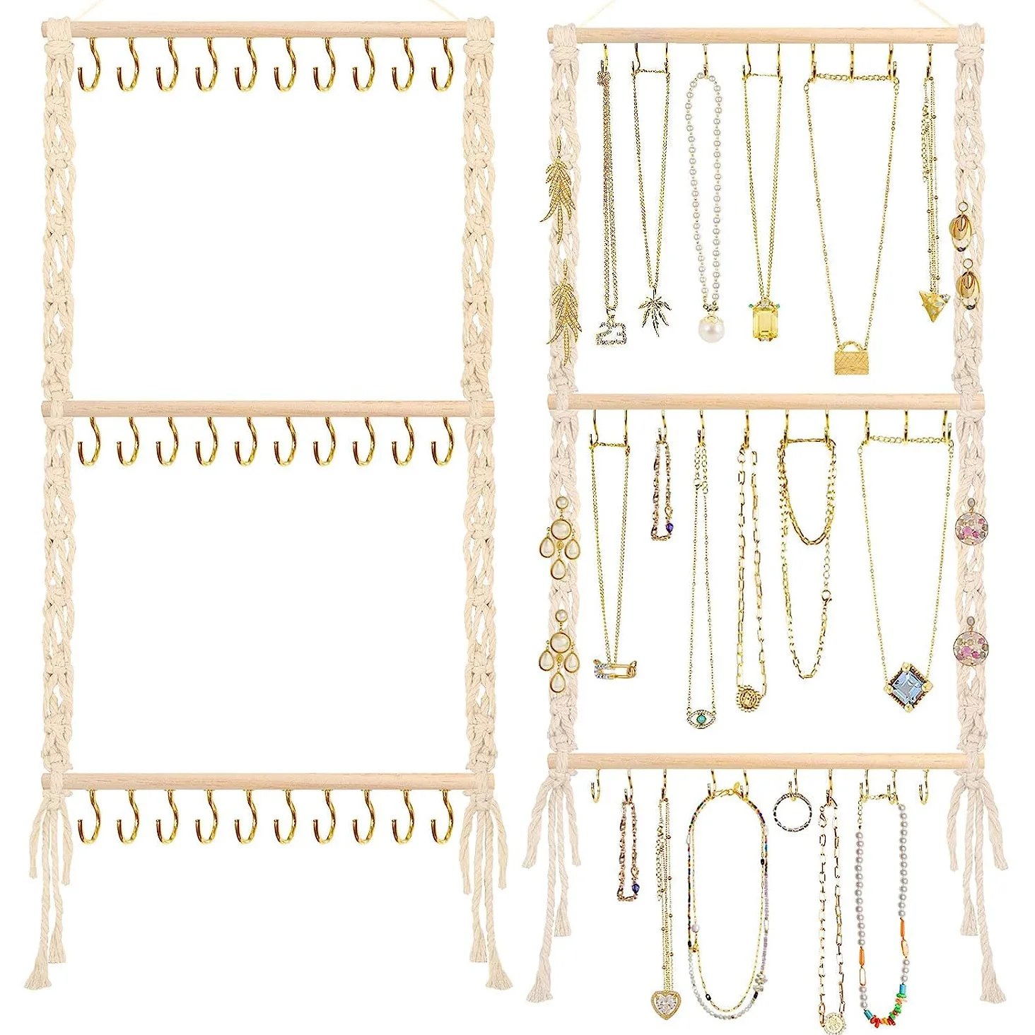 

Hanging Jewelry Organizer Boho Macrame Necklace Hanger Wall Hanging with 30 Hooks Door Hanging Jewelry Holder Necklaces Display