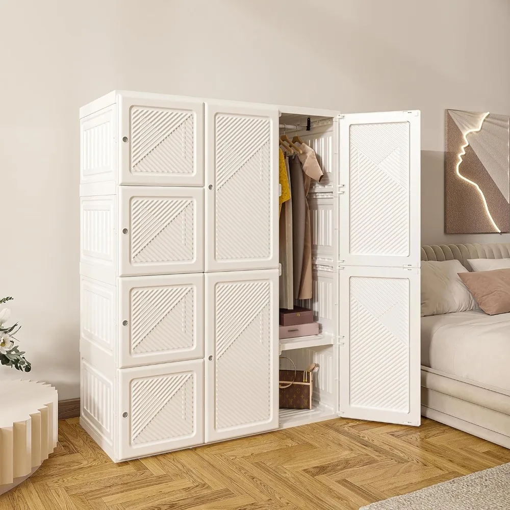 Folding plastic wardrobe with magnetic door, easy to assemble with 8 doors -6 cubes -2 hanging rods, white, free shipping