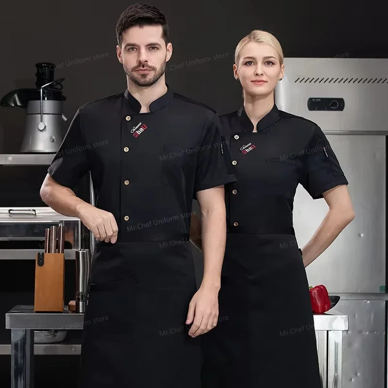 Veste de Chef blanche à manches courtes, uniforme avec tablier pour hommes, manteau de Chef de cuisine de Restaurant respirant, vêtements de travail noirs, accessoires de Chef