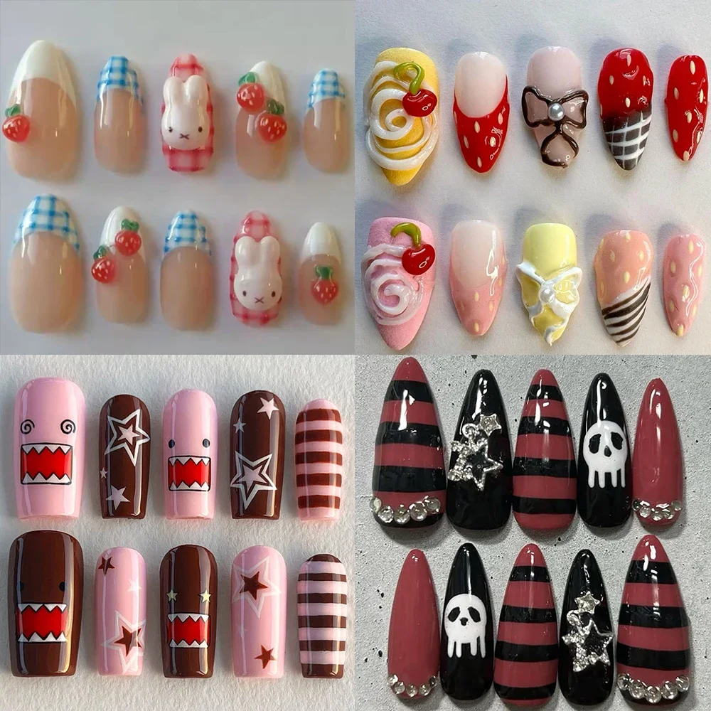 

10Pcs Handmade 3D Cartoon Rabbit Bow Strawberry Cherry Flowers French Fake Nails Kawaii Cat Fish Long Almond Nail Party Sticker