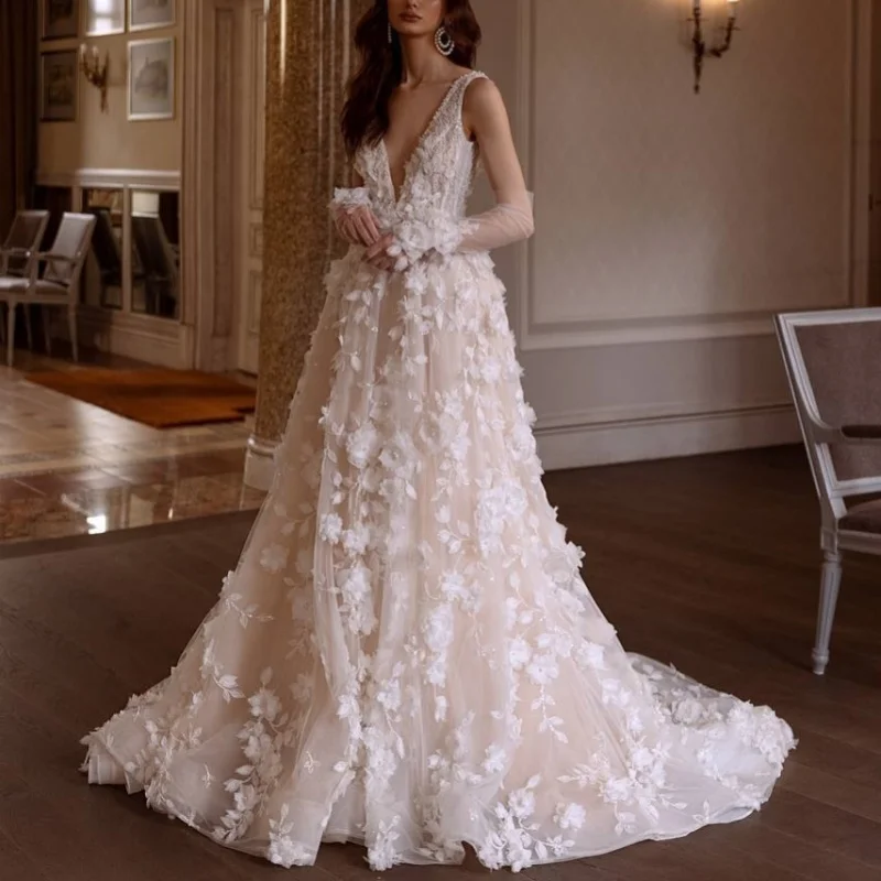 

Customized Simple style ivory white V-neck Spaghetti Appliques Wedding Dresses 3D flower of A-line Bridal Gowns Made Dress