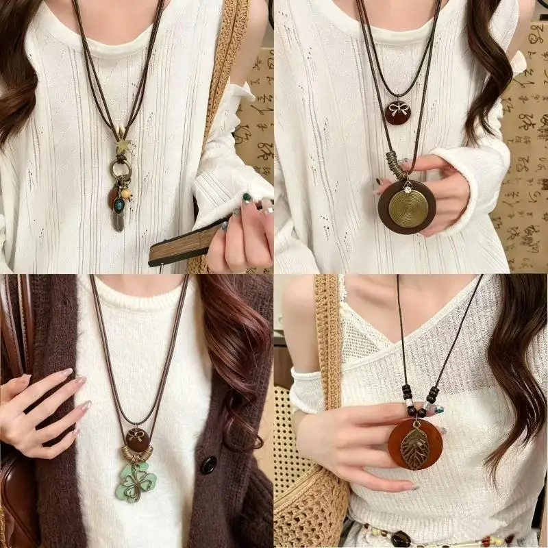 Feather Leaf Pendant Necklace Vintage Ethnic Double Layered New Chinese Style Dainty Choker for Daily Office Wear