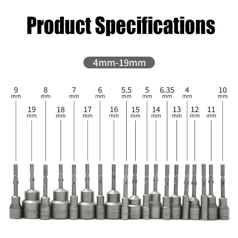 Enchufe hexagonal de impacto para destornillador eléctrico, llave Allen 802 de vástago redondo de 6mm, 1 piezas, 4mm-19mm, Kit de adaptador de broca