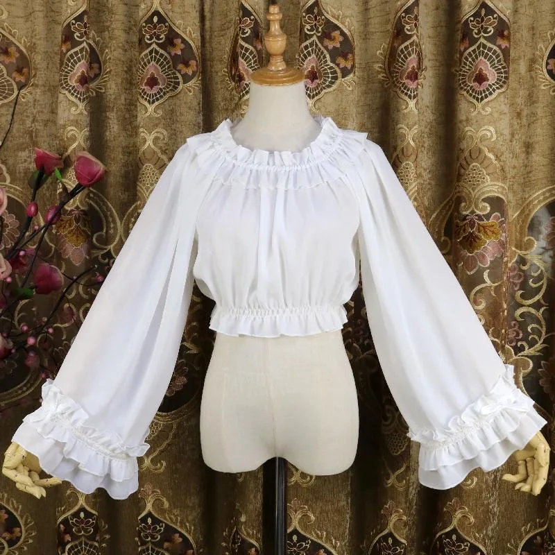 Korean Vintage Ruffle Black Beige White Top Women Long Sleeve Summer Chiffon Blouse Sweet Cute Ladies Girls Lolitta Fashion Top