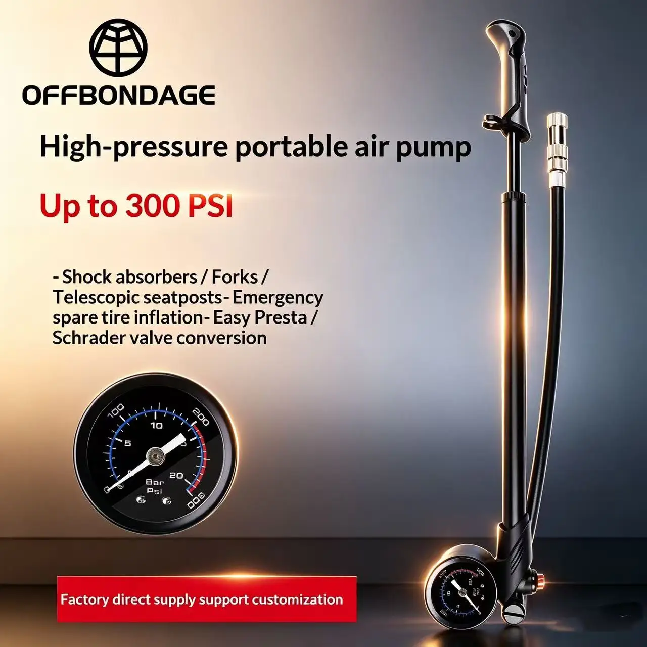 Bomba de Bicicleta OFFBONDAGE 300PSI con Manómetro, Inflador de Aire Manual para Bicicleta de Aleación de Aluminio CNC, Válvula Schrader Presta AV FV para Ciclismo