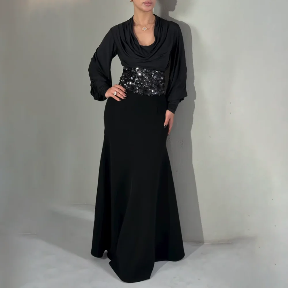 

Black Modern Party Dress Long Sleeves V-Neck Mermaid Sequin Party Gowns for Women Floor Length Wedding Guest Dresses