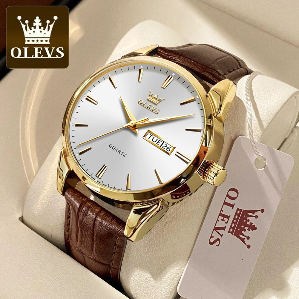 

OLEVS 6898 Simple Quartz Watch For Men Week Calendar Display Leather Wristwatch Original 30M Waterproof Luminous Man Dress Watch