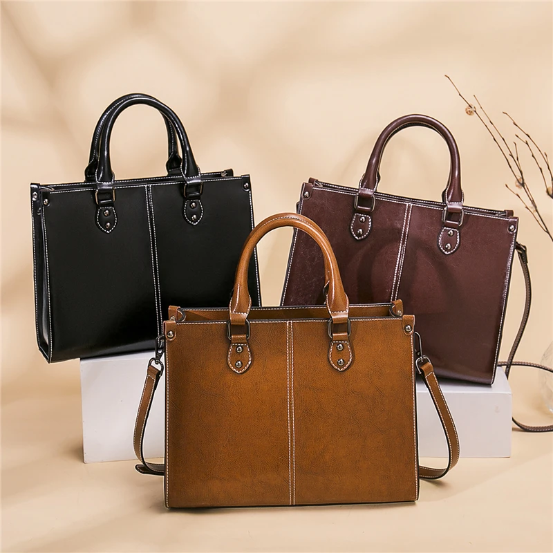 Toptrends Oil Wax Genuine Leather Tote Handbags For Women 2024 Trend Designer Top Handle Office Ladies Shoulder Crossbody Bags