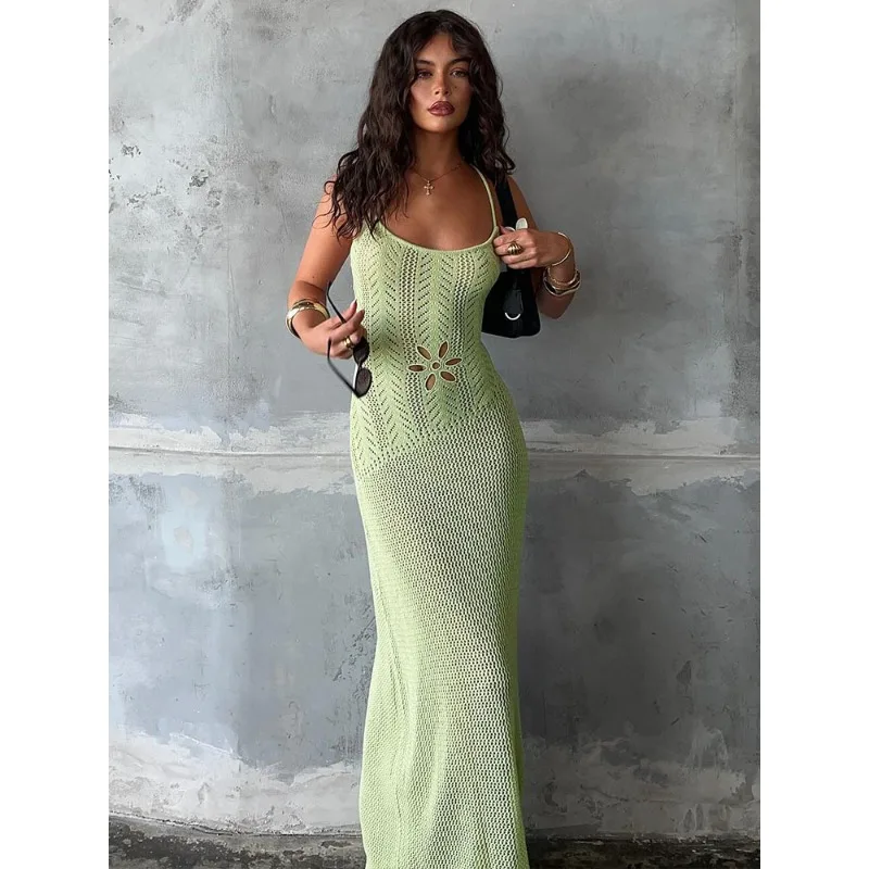 

Customized Sexy Backless Knitted Sweater with Suspender Hollowed Out See Through Hip Hugging Dress Vacation Style Women Clothing