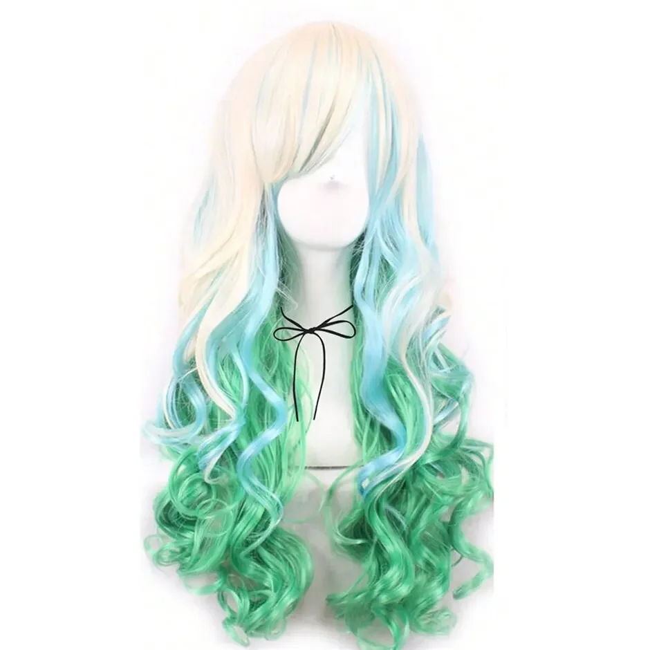 Long Curly Wavy Silver Grey to Green Side Part Natural Looking Synthetic Cosplay for Women Green White Synthetic Wigs