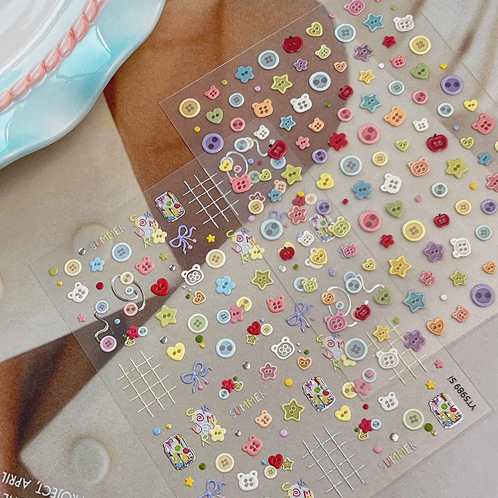 Self Adhesive Embossed Cute Button Nail Stickers Multicolor Cartoon Bear Heart Star Decals Sweet Easy Apply Manicure Art Sticker