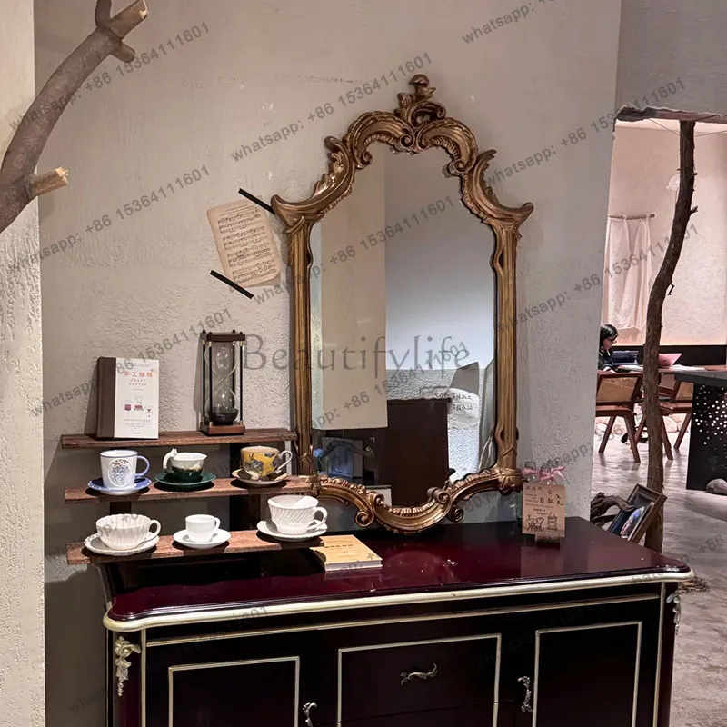 French retro carved bathroom vanity mirror wall hanging living room background wall fireplace decorative mirror