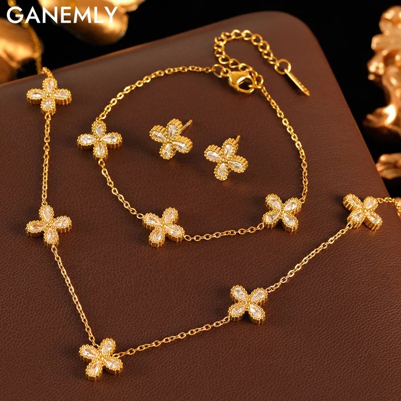 GANEMLY 316L Edelstahl Blume Zirkonia Armband Halskette Ohrringe Set Charm Metall Textur 18K vergoldet Schmuck Damen