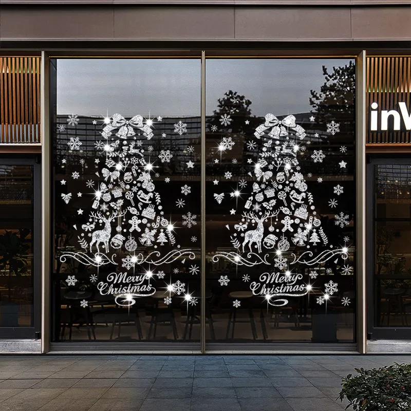 Beautiful Shimmering Powder Christmas Stickers Gold Silver Christmas Tree Removable Vinyl Sticker for Glass Window