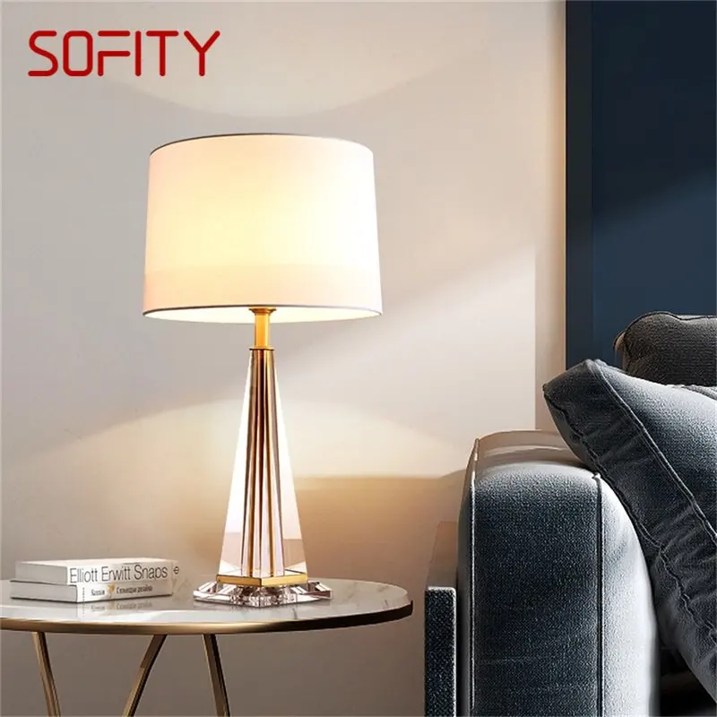

SOFITY Table Lamp Brass Modern Simple Crystal LED Fabric Desk Light Decoration for Home Bedroom