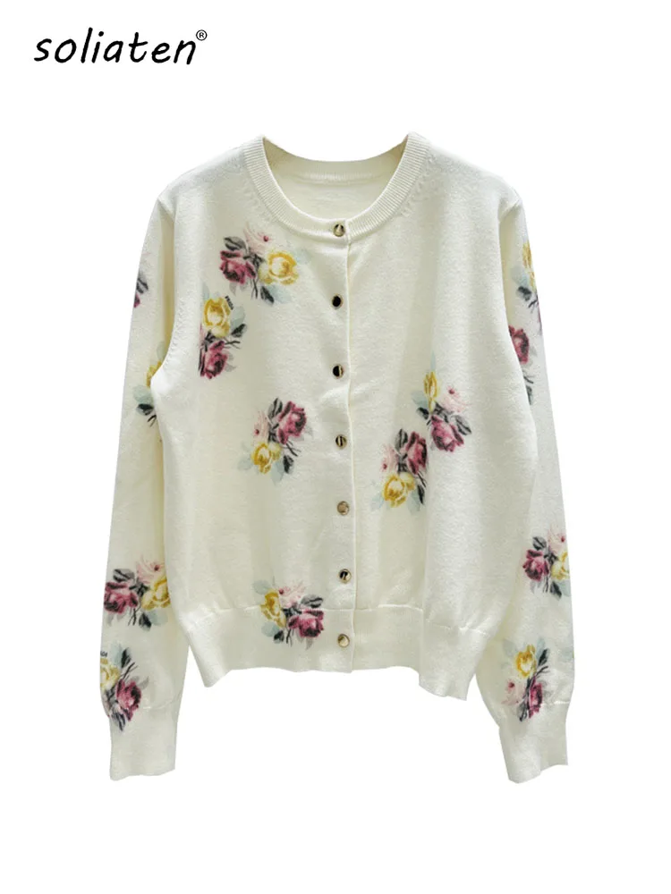 Print Flower Cardigan Women Long Sleeve Top Loose Chic Korean Sweater Spring Autumn Streetwear Knitted Female Cardigans C-318