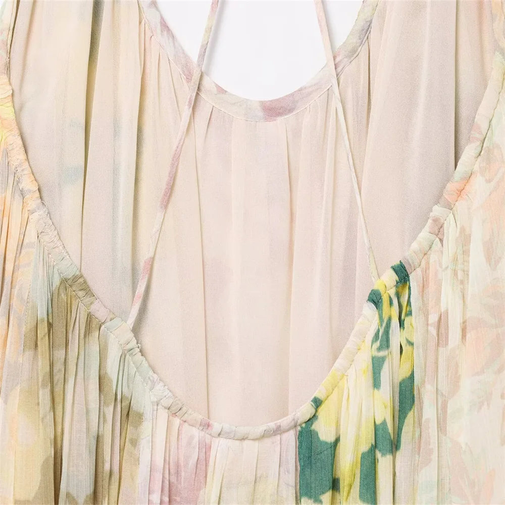 women's fashion backless flower print patchwork long dress with suspender, summer new sexy slim fit MIDI dress