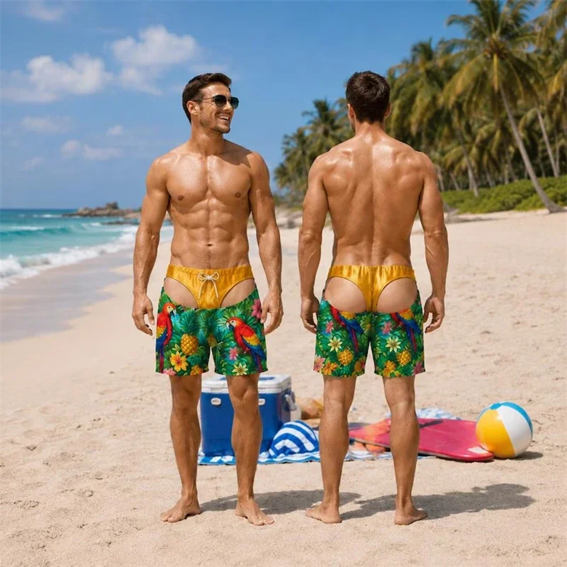 Herren-Badehose mit neuartigem Cutout-Design, 3D-Grafikdruck, lustigem tropischem Tiermuster, Kordelzug, schnelltrocknend, Strandparty-Shorts – Detail 11