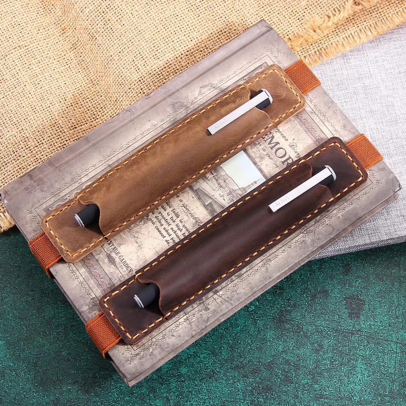 Retro top layer cowhide notebook with elastic band pen case, ballpoint pen holder