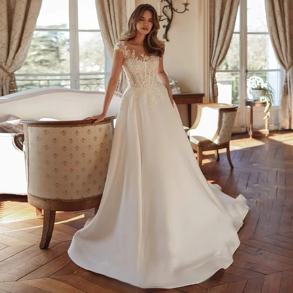 

Elegant A-Line Satin Women Wedding Dresses Sweetheart Collar Mermaid Bride Gowns Princess Mopping Length Party Gowns Customized