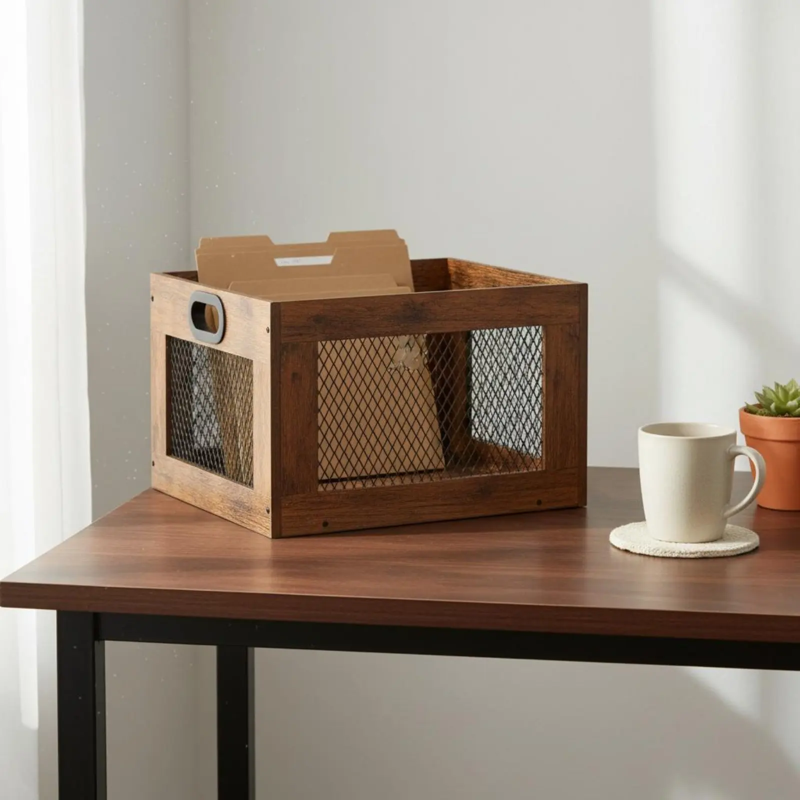 

Music Storage Crate with Handle Vinyl Music Organizer Vinyl Organizer Handles Wooden Storage Basket Mesh Side Panels
