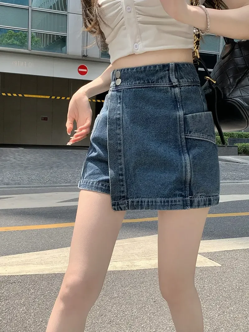 Y2K Vintage Women Korean Button Blue Short Denim Pants Mini Shorts Aesthetic Fairy Grunge High Waist Jeans A-line Alt Clothes