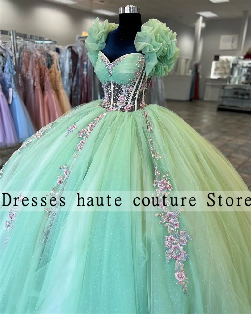 Green Tulle Crystal Quinceanera Dresses 2025 Puffy Ball Gown Lace Appliques Sweet 16 Dress Customized Vestidos De 15 Años