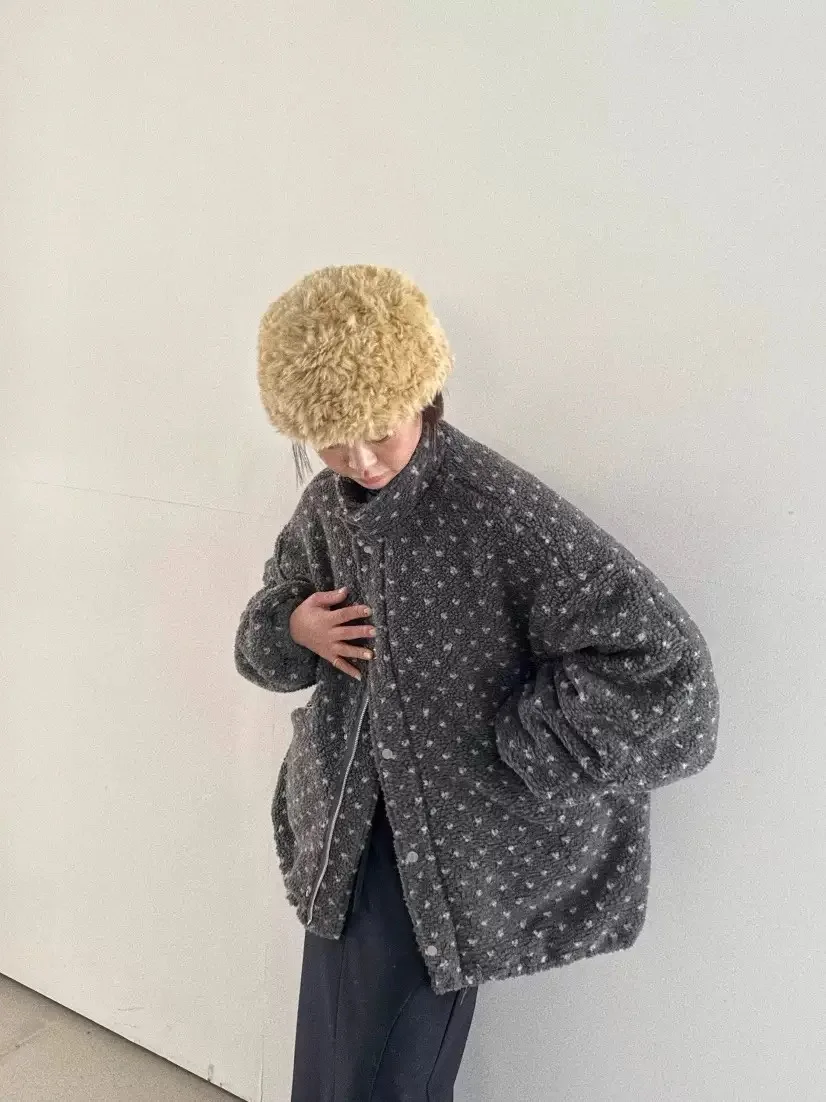 

Cute Polka Dot Print Stand Collar Warm Cotton Jaet Outerwear Women's Loose Fit Long Sve Coat Sli Winter New Arrival